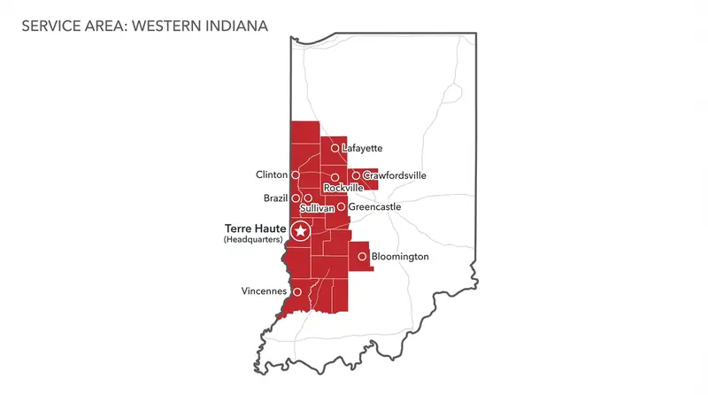 Map of Elite Roofing service areas across western Indiana including Terre Haute, Clinton, Brazil, Sullivan, Bloomington, Lafayette, Crawfordsville, and Greencastle